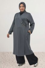 Büyük Beden Kruvaze Yaka Kemeri Çıtçıtlı Modal Kap - Antrasit - 63024 - Görsel 4