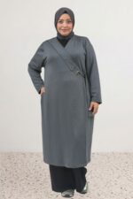 Büyük Beden Kruvaze Yaka Kemeri Çıtçıtlı Modal Kap - Antrasit - 63024 - Görsel 6