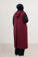 Büyük Beden Çakma Düğmeli Kapüşonlu Modal Yelek - Bordo - 64005 - Görsel 5