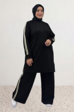 Büyük Beden Yanları Şerit Detaylı Modal Pantolonlu Takım - Siyah - 67086 - Görsel 2