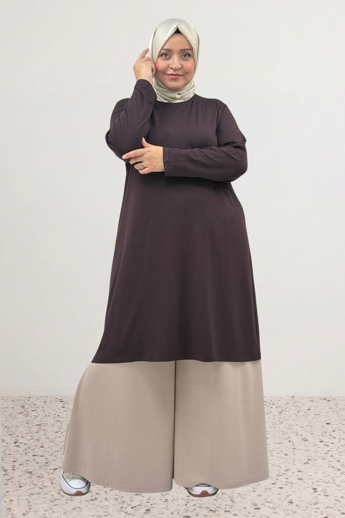 38501 Büyük Beden Basic Penye Tunik - Kahverengi 38501 Büyük Beden Basic Penye Tunik - Kahverengi