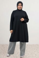 38501 Büyük Beden Basic Penye Tunik - Siyah