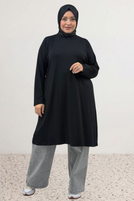 38501 Büyük Beden Basic Penye Tunik -  Siyah