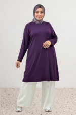 38501 Büyük Beden Basic Penye Tunik - Mürdüm