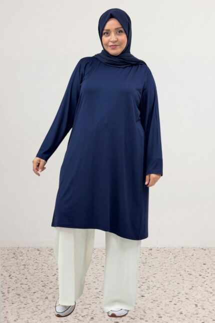 38501 Büyük Beden Basic Penye Tunik - Lacivert