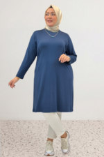 Büyük Beden Basic Penye Tunik - İndigo - 38501 - Görsel 2