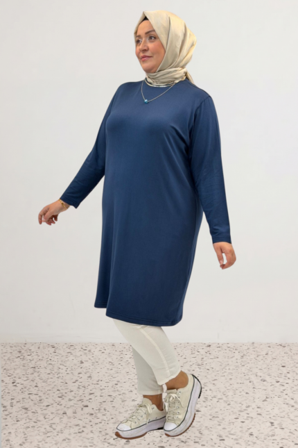 38501 Büyük Beden Basic Penye Tunik - İndigo