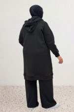 Büyük Beden Kol Ve Etek Ucu Ribanalı Üç İplik Kap - Siyah - 43077 - Görsel 5