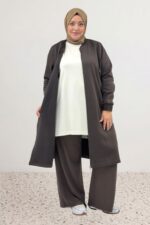 Büyük Beden Fermuarlı Üç İplik Kap- Kahve - 33096 - Görsel 2