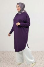Büyük Beden Düşük Kol Penye Tunik - Mürdüm - 38110 - Görsel 4