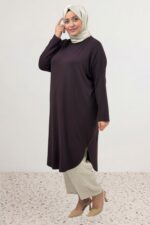 Büyük Beden Düşük Kol Penye Tunik - Kahve - 38110 - Görsel 4