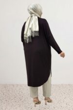 Büyük Beden Düşük Kol Penye Tunik - Kahve - 38110 - Görsel 5