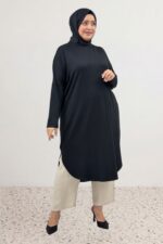 Büyük Beden Düşük Kol Penye Tunik - Siyah - 38110 - Görsel 4
