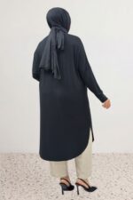 Büyük Beden Düşük Kol Penye Tunik - Siyah - 38110 - Görsel 5