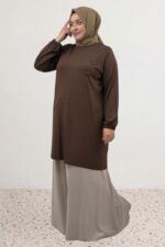 Büyük Beden Basic Penye Tunik - Kahve - 38014 - Görsel 4