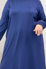 Büyük Beden Basic Penye Tunik - Lacivert - 38014 - Görsel 3