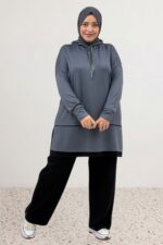 Büyük Beden Renk Kombinli Modal Pantolonlu Takım - Antrasit - 67080 - Görsel 2