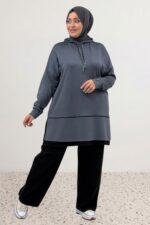 Büyük Beden Renk Kombinli Modal Pantolonlu Takım - Antrasit - 67080 - Görsel 4