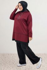 Büyük Beden Renk Kombinli Modal Pantolonlu Takım - Bordo - 67080 - Görsel 4