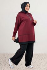 Büyük Beden Renk Kombinli Modal Pantolonlu Takım - Bordo - 67080 - Görsel 5