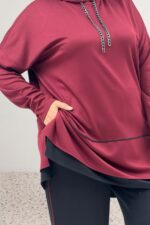 Büyük Beden Renk Kombinli Modal Pantolonlu Takım - Bordo - 67080 - Görsel 2