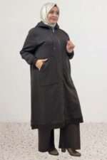Büyük Beden Boydan Fermuarlı Üç İplik Kap - Kahve - 63033 - Görsel 4