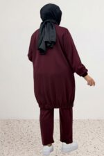 Büyük Beden Cepleri Taş Detaylı Modal Pantolonlu Takım - Bordo - 67077 - Görsel 6