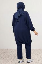 Büyük Beden Cepleri Taş Detaylı Modal Pantolonlu Takım - Lacivert - 67077 - Görsel 6