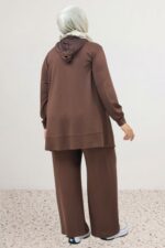 Büyük Beden Yanları Patlı Modal Pantolonlu Takım - Koyu Kahve - 67085 - Görsel 6