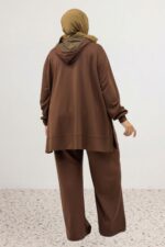 Büyük Beden Yanları Patlı Modal Pantolonlu Takım - Kahve - 67085 - Görsel 6