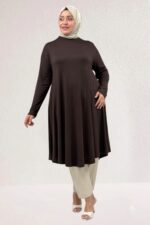 Büyük Beden Mevlana Penye Tunik - Kahve - 28016 - Görsel 4