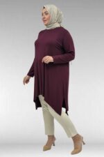 Büyük Beden Asimetrik Kesim Penye Tunik - Bordo - 58070 - Görsel 5