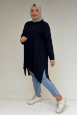 Büyük Beden Asimetrik Kesim Penye Tunik - Lacivert - 58070 - Görsel 4