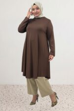 28016 Büyük Beden Mevlana Penye Tunik - Kahve