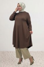 Büyük Beden Mevlana Penye Tunik - Kahve - 28016 - Görsel 7