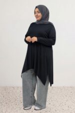 Büyük Beden Asimetrik Kesim Penye Tunik - Siyah - 58070 - Görsel 9