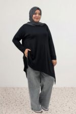 Büyük Beden Asimetrik Kesim Penye Tunik - Siyah - 58070 - Görsel 10