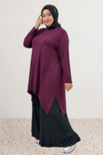 Büyük Beden Asimetrik Kesim Penye Tunik - Bordo - 58070 - Görsel 7