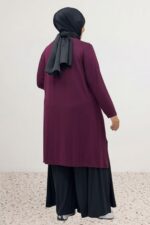 Büyük Beden Asimetrik Kesim Penye Tunik - Bordo - 58070 - Görsel 10