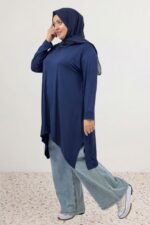 Büyük Beden Asimetrik Kesim Penye Tunik - Lacivert - 58070 - Görsel 9