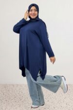 Büyük Beden Asimetrik Kesim Penye Tunik - Lacivert - 58070 - Görsel 7