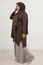 Büyük Beden Asimetrik Kesim Penye Tunik - Kahve - 58070 - Görsel 9