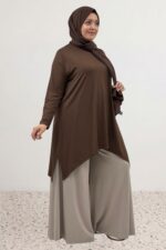 Büyük Beden Asimetrik Kesim Penye Tunik - Kahve - 58070 - Görsel 8