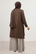 Büyük Beden Asimetrik Kesim Penye Tunik - Kahve - 58070 - Görsel 10