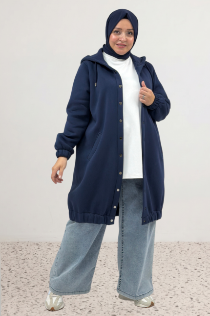 33095 Büyük Beden Çıtçıtlı Altı Lastikli Üç İplik Kap - Lacivert