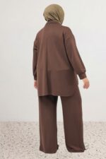 Büyük Beden Çift Düğme Detaylı Modal Pantolonlu Takım - Kahve - 67076 - Görsel 6