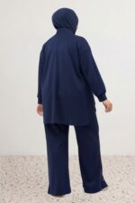 Büyük Beden Çift Düğme Detaylı Modal Pantolonlu Takım - Lacivert - 67076 - Görsel 5