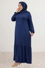 Büyük Beden Eteği Fırfrılı Penye Elbise - Lacivert - 52034 - Görsel 4