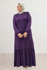 Büyük Beden Eteği Fırfrılı Penye Elbise - Mürdüm - 52034 - Görsel 4