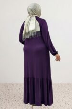 Büyük Beden Eteği Fırfrılı Penye Elbise - Mürdüm - 52034 - Görsel 5